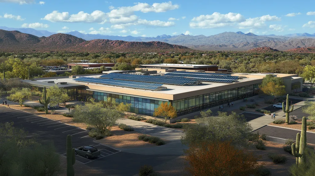 A commercial roof on a public library in a location similar to Phoenix with a cross-processed look aesthetic (AI image)