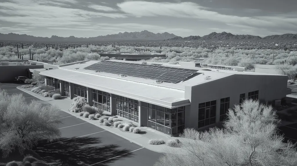 A commercial roof on a public library in a location similar to Phoenix with an infrared photography aesthetic (AI image)