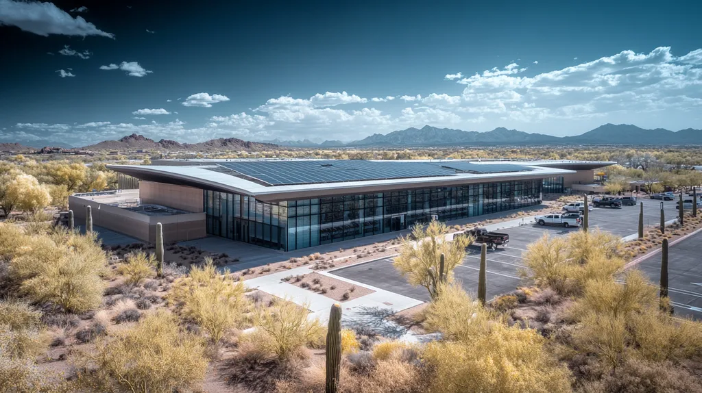 A commercial roof on a public library in a location similar to Phoenix with an infrared photography aesthetic (AI image)