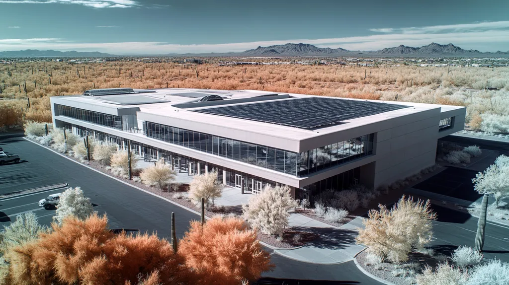 A commercial roof on a public library in a location similar to Phoenix with an infrared photography aesthetic (AI image)