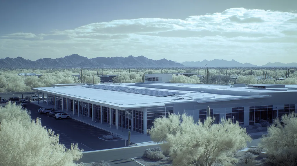 A commercial roof on a public library in a location similar to Phoenix with an infrared photography aesthetic (AI image)