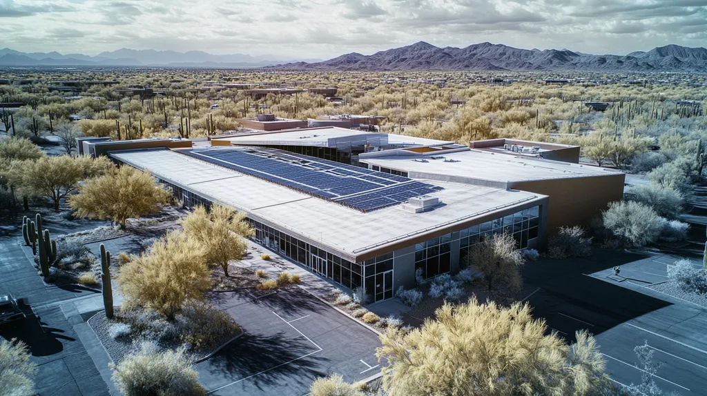A commercial roof on a public library in a location similar to Phoenix with an infrared photography aesthetic (AI image)