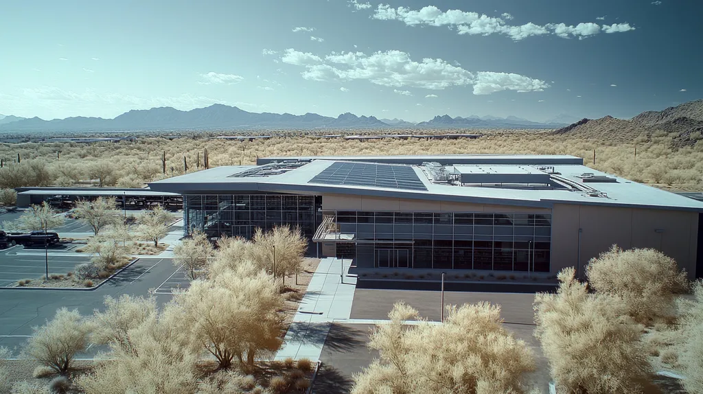 A commercial roof on a public library in a location similar to Phoenix with an infrared photography aesthetic (AI image)
