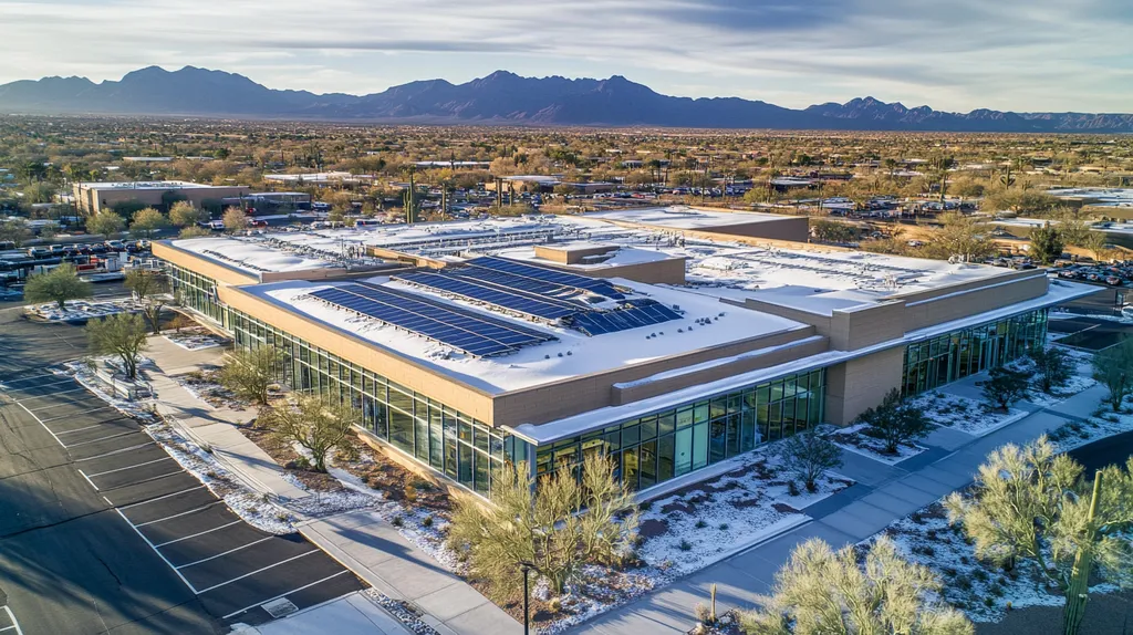 A commercial roof on a public library in a location similar to Phoenix with a snowy day aesthetic (AI image)