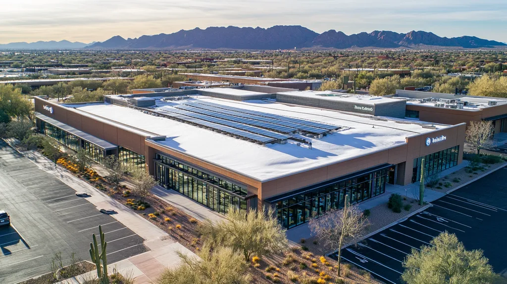 A commercial roof on a public library in a location similar to Phoenix with a snowy day aesthetic (AI image)