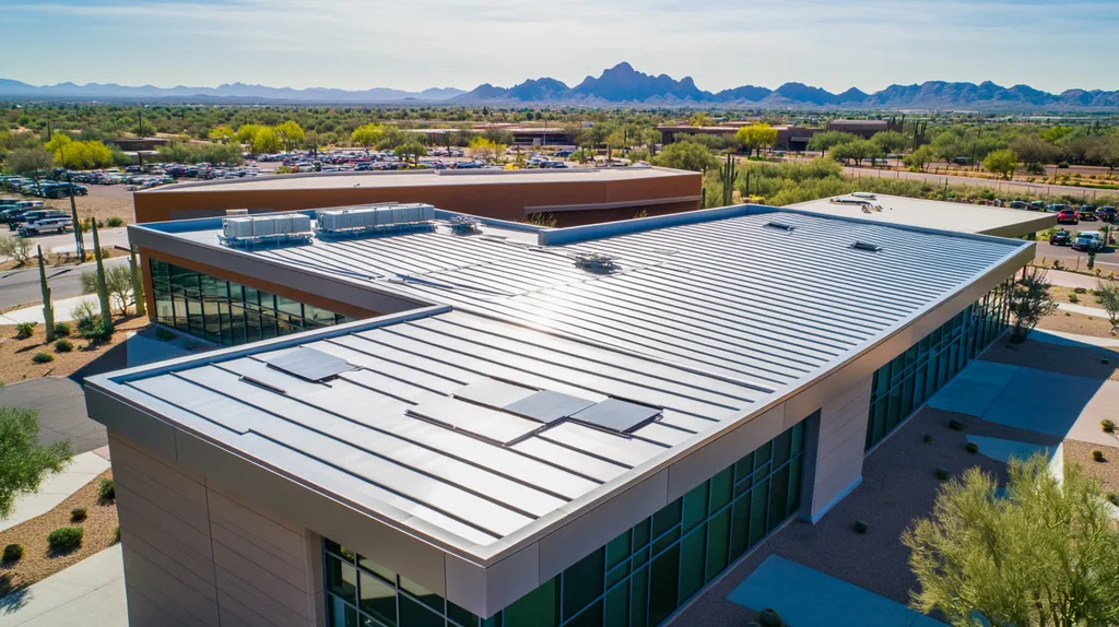 A commercial roof on a public library in a location similar to Phoenix with a stainless steel aesthetic (AI image)