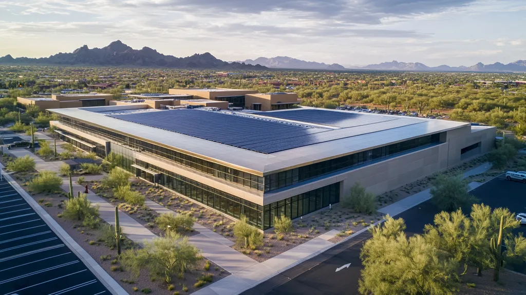 A commercial roof on a public library in a location similar to Phoenix with a stainless steel aesthetic (AI image)
