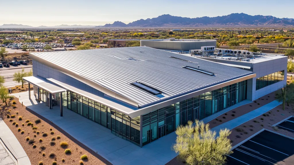 A commercial roof on a public library in a location similar to Phoenix with a stainless steel aesthetic (AI image)