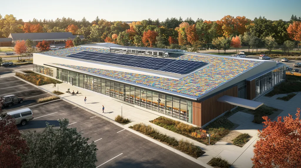 A commercial roof on a public library in a location similar to Portland, Maine with a mosaic tile art aesthetic (AI image)