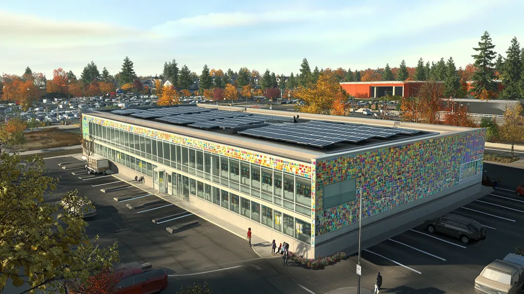 A commercial roof on a public library in a location similar to Portland, Maine with a mosaic tile art aesthetic (AI image)