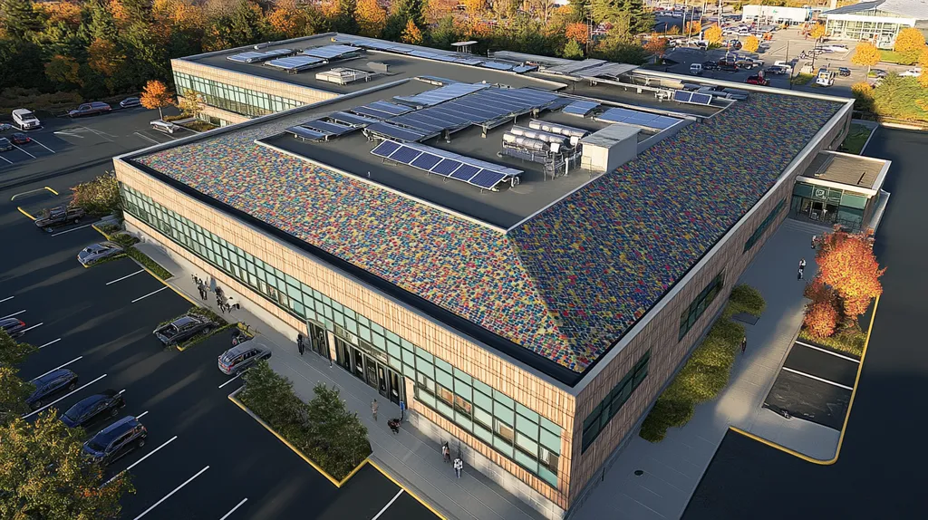 A commercial roof on a public library in a location similar to Portland, Maine with a mosaic tile art aesthetic (AI image)