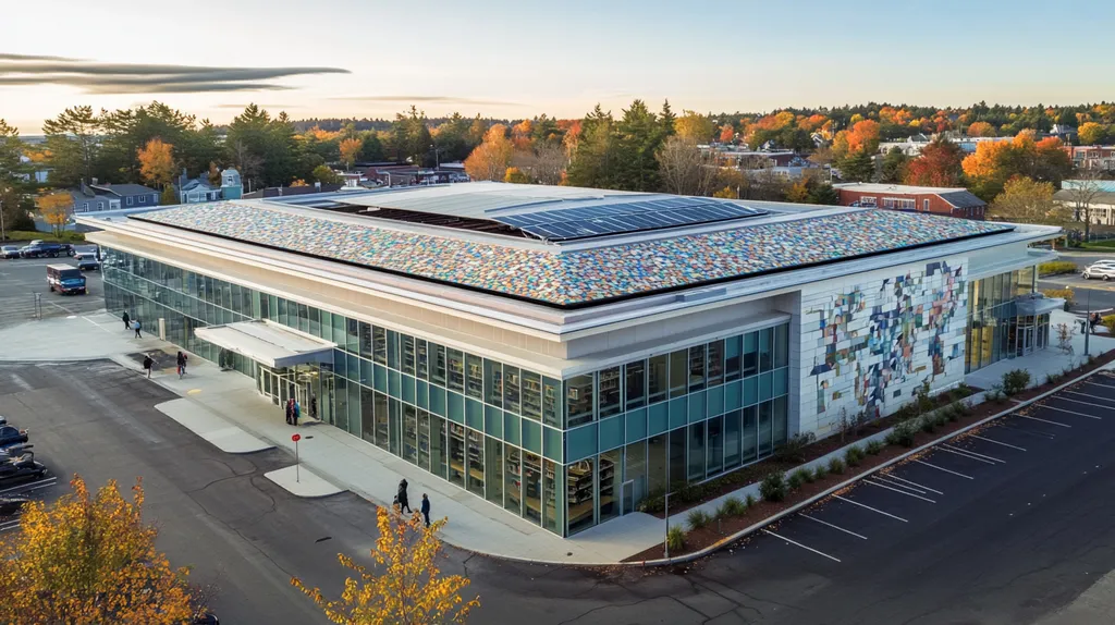 A commercial roof on a public library in a location similar to Portland, Maine with a mosaic tile art aesthetic (AI image)
