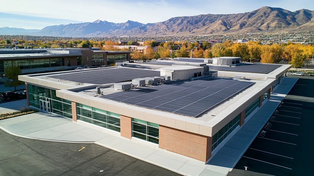 A commercial roof on a public library in a location similar to Salt Lake City with an architectural photography aesthetic (AI image)