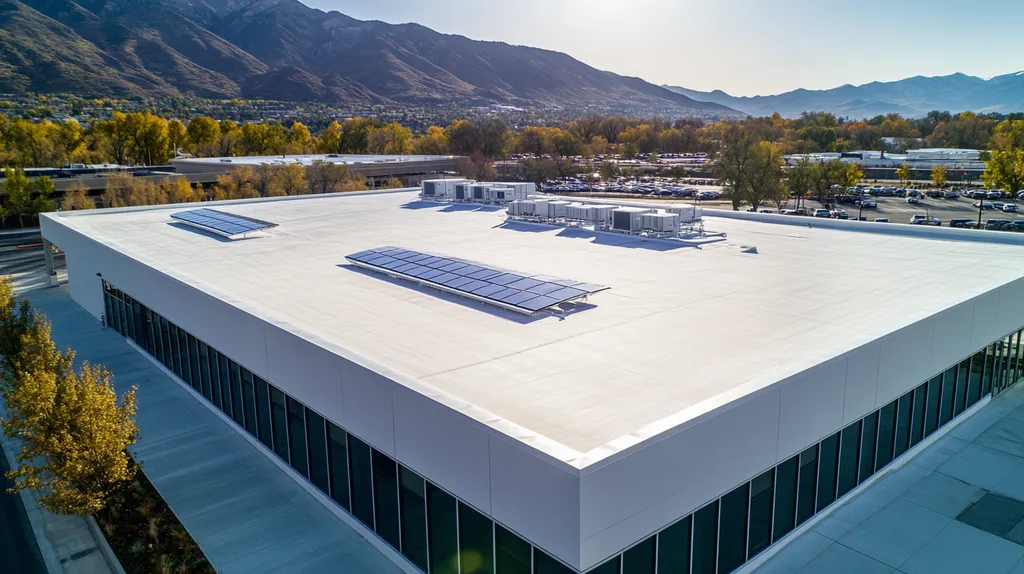 A commercial roof on a public library in a location similar to Salt Lake City with an architectural photography aesthetic (AI image)