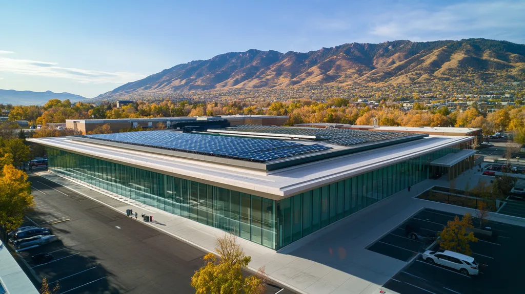 A commercial roof on a public library in a location similar to Salt Lake City with an architectural photography aesthetic (AI image)