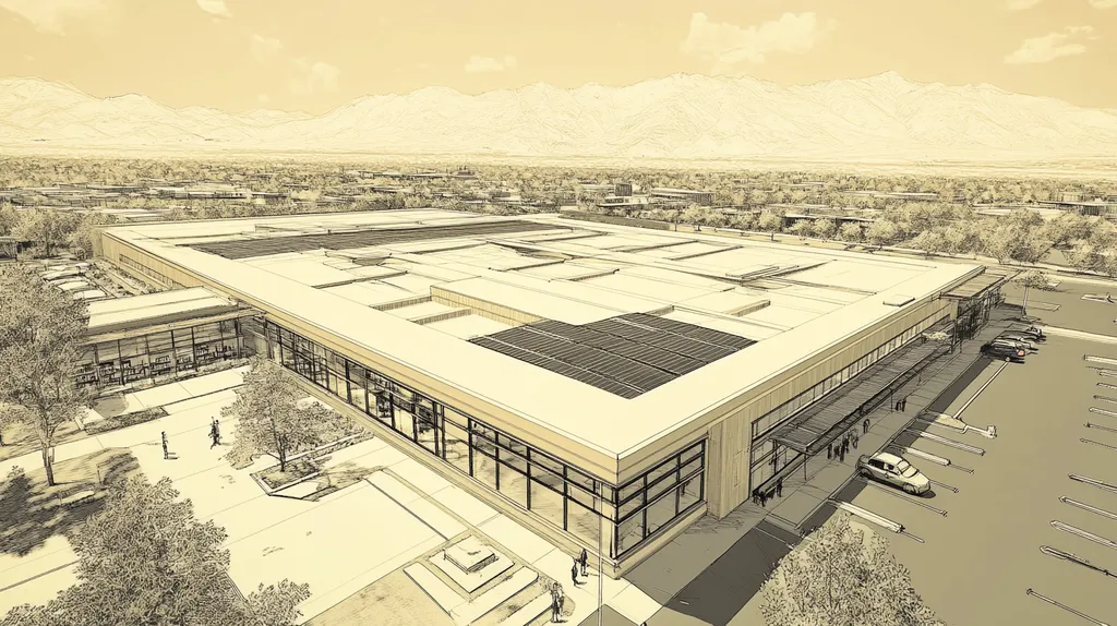 A commercial roof on a public library in a location similar to Salt Lake City with an architectural sketch rendering aesthetic (AI image)