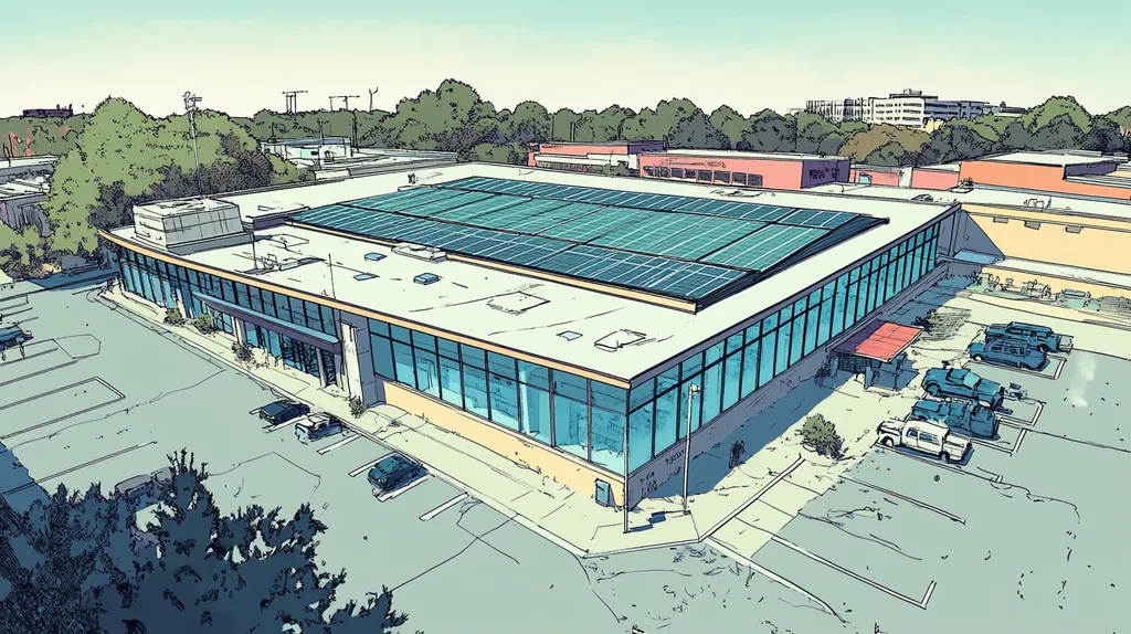 A commercial roof on a public library in a location similar to San Antonio with a comic book style aesthetic (AI image)