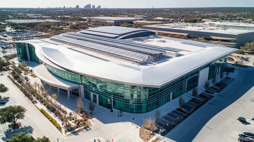 A commercial roof on a public library in a location similar to San Antonio with a futuristic aesthetic (AI image)