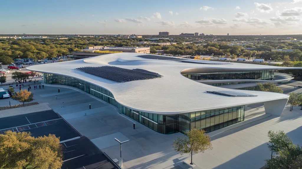 A commercial roof on a public library in a location similar to San Antonio with a futuristic aesthetic (AI image)