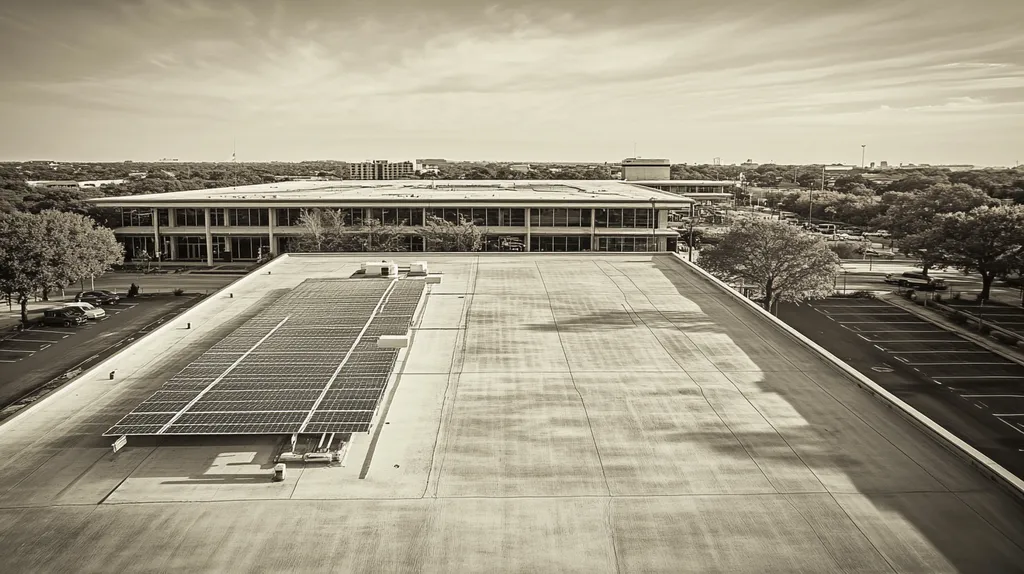 A commercial roof on a public library in a location similar to San Antonio with a tintype aesthetic (AI image)