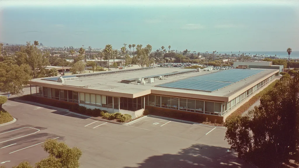 A commercial roof on a public library in a location similar to San Diego with a Polaroid aesthetic (AI image)