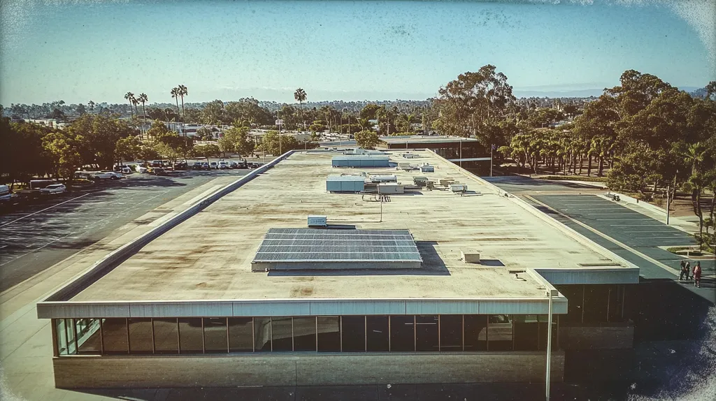 A commercial roof on a public library in a location similar to San Diego with a Polaroid aesthetic (AI image)