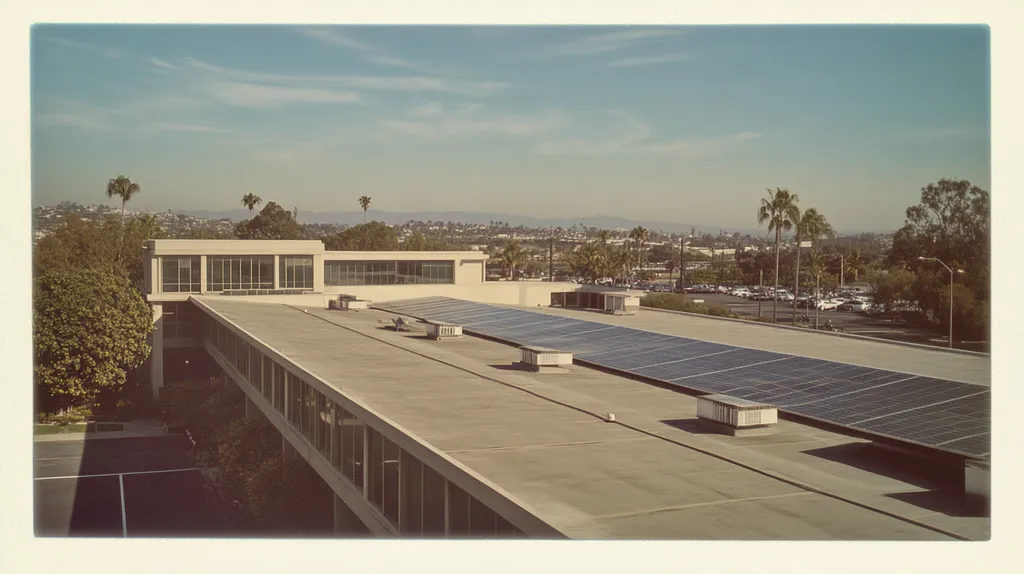 A commercial roof on a public library in a location similar to San Diego with a Polaroid aesthetic (AI image)
