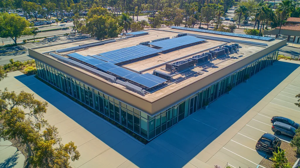 A commercial roof on a public library in a location similar to San Diego with a cross-processed look aesthetic (AI image)