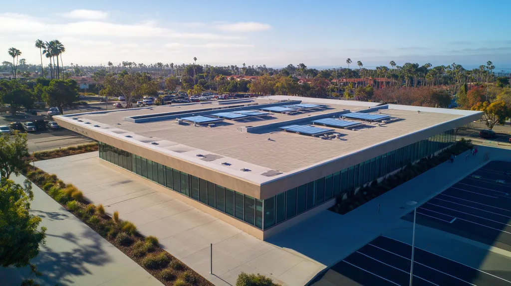 A commercial roof on a public library in a location similar to San Diego with a cross-processed look aesthetic (AI image)