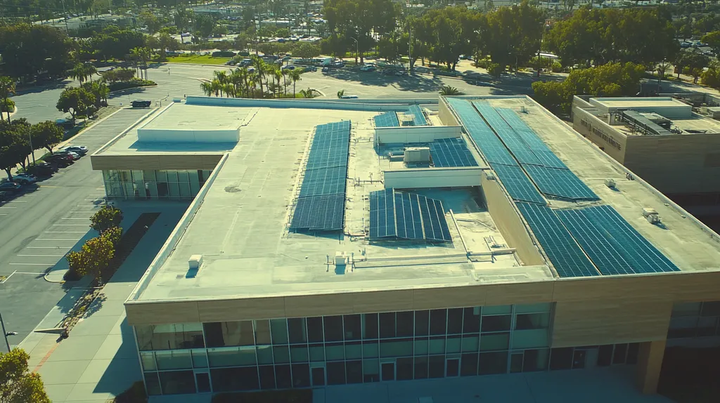 A commercial roof on a public library in a location similar to San Diego with a cross-processed look aesthetic (AI image)