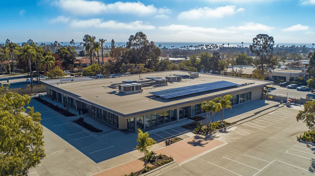 A commercial roof on a public library in a location similar to San Diego with a light beams aesthetic (AI image)