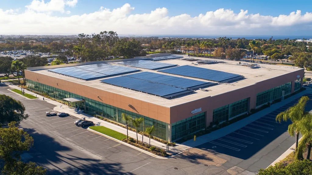 A commercial roof on a public library in a location similar to San Diego with a light beams aesthetic (AI image)