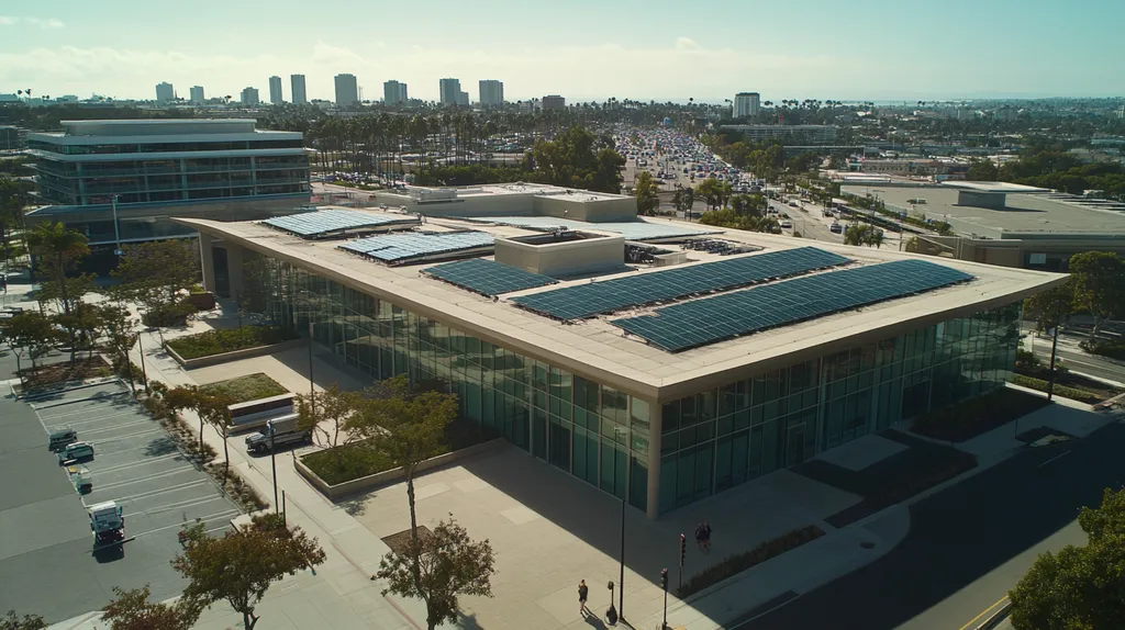 A commercial roof on a public library in a location similar to San Diego with an urban context aesthetic (AI image)