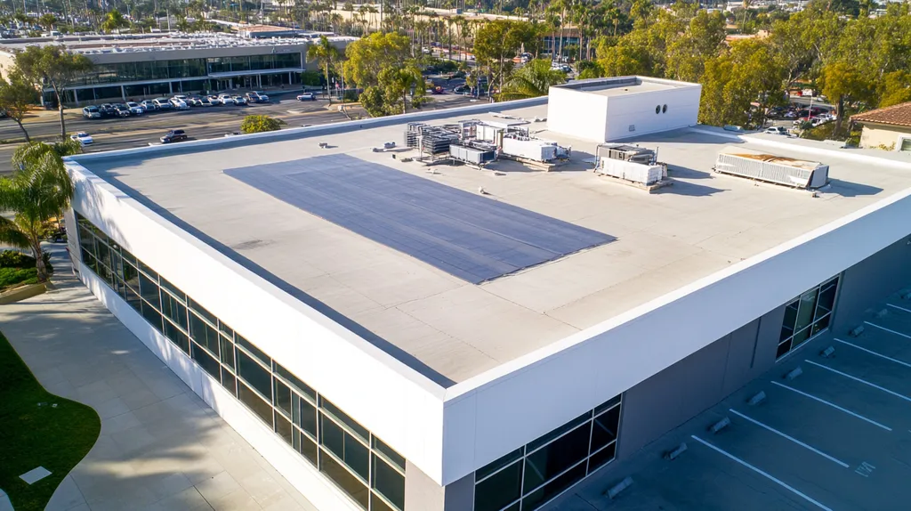 A commercial roof on a public library in a location similar to San Diego with an urban context aesthetic (AI image)