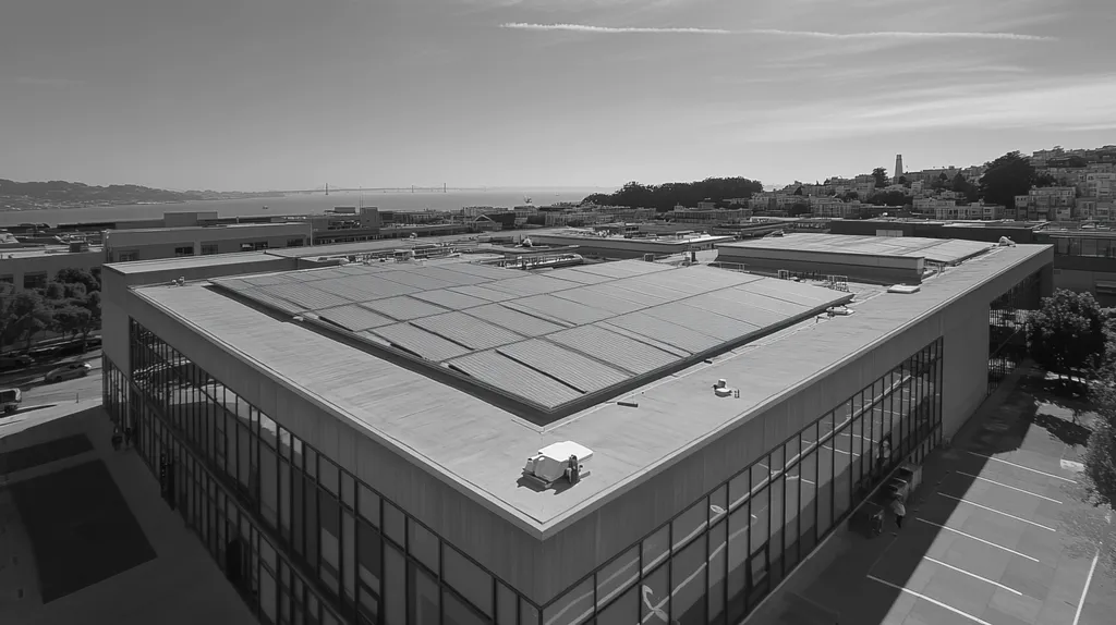 A commercial roof on a public library in a location similar to San Francisco with a black and white photography aesthetic (AI image)