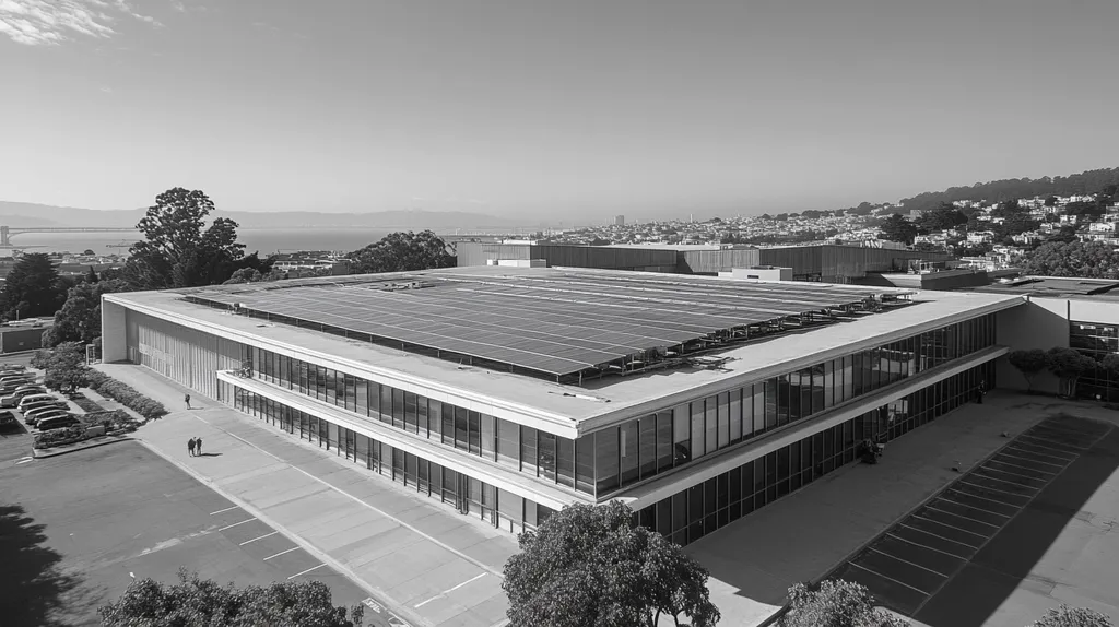 A commercial roof on a public library in a location similar to San Francisco with a black and white photography aesthetic (AI image)
