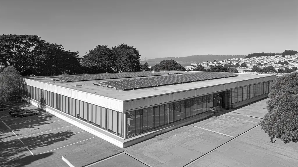 A commercial roof on a public library in a location similar to San Francisco with a black and white photography aesthetic (AI image)
