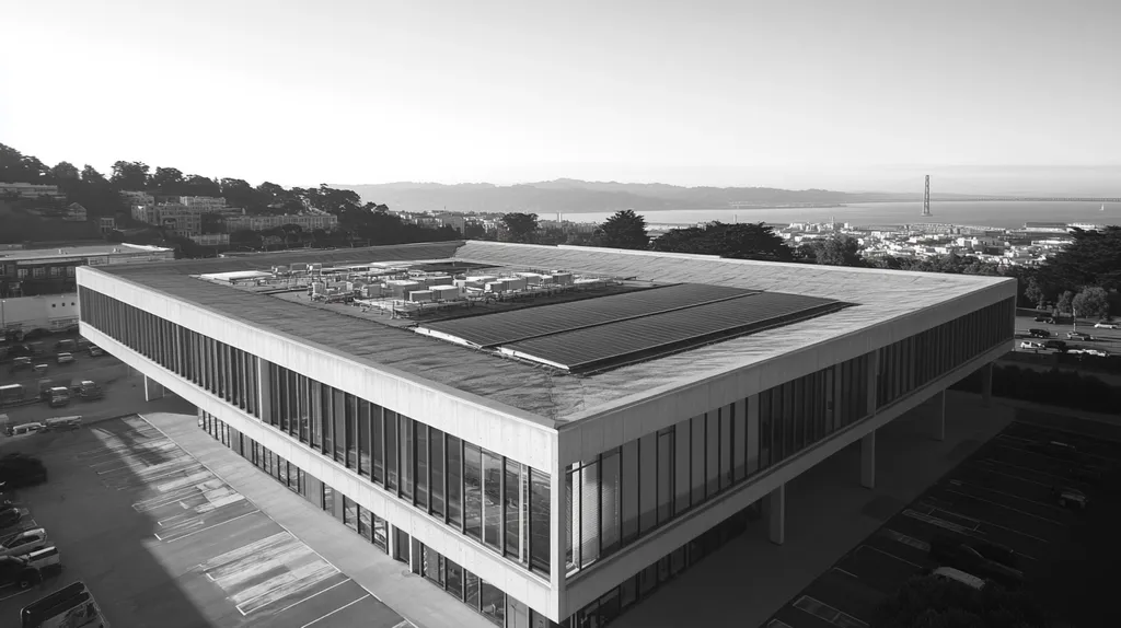 A commercial roof on a public library in a location similar to San Francisco with a black and white photography aesthetic (AI image)