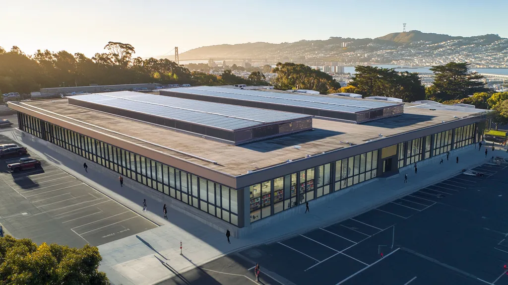 A commercial roof on a public library in a location similar to San Francisco with a comic book style aesthetic (AI image)
