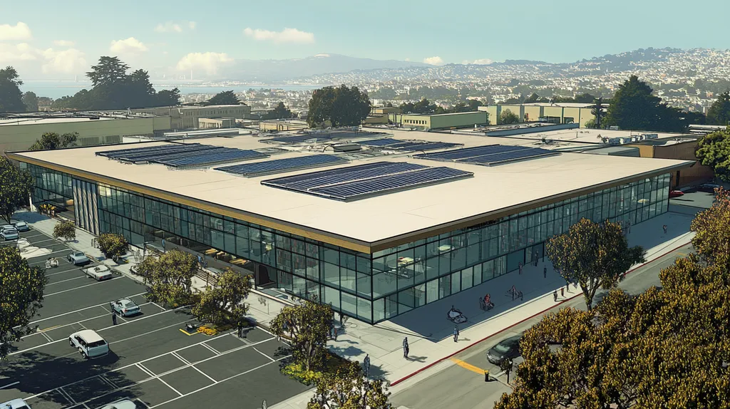 A commercial roof on a public library in a location similar to San Francisco with a comic book style aesthetic (AI image)