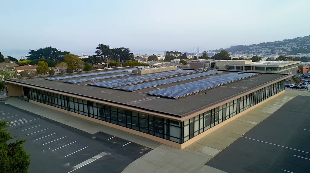 A commercial roof on a public library in a location similar to San Francisco with a comic book style aesthetic (AI image)