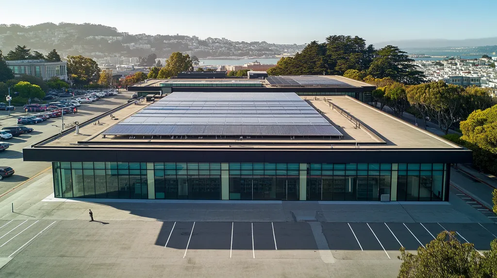 A commercial roof on a public library in a location similar to San Francisco with a comic book style aesthetic (AI image)