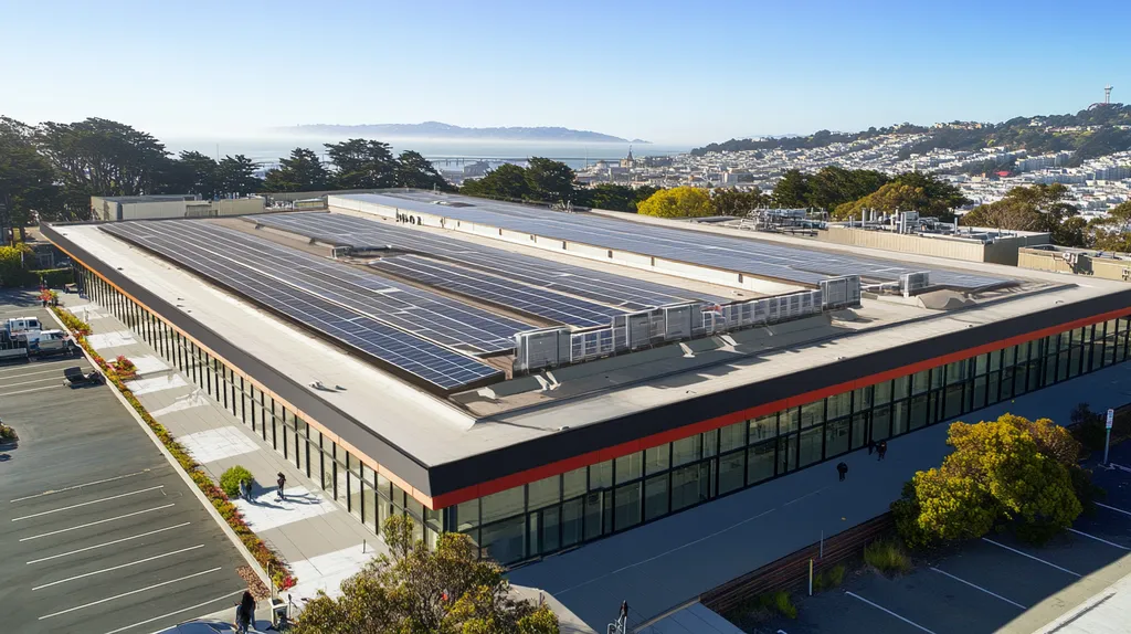 A commercial roof on a public library in a location similar to San Francisco with a comic book style aesthetic (AI image)