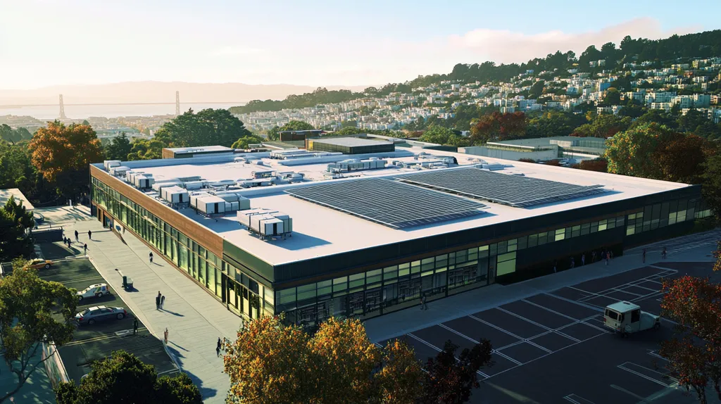 A commercial roof on a public library in a location similar to San Francisco with a comic book style aesthetic (AI image)