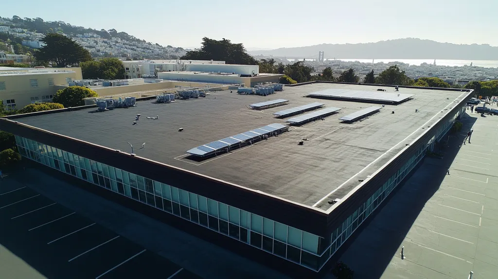 A commercial roof on a public library in a location similar to San Francisco with a comic book style aesthetic (AI image)