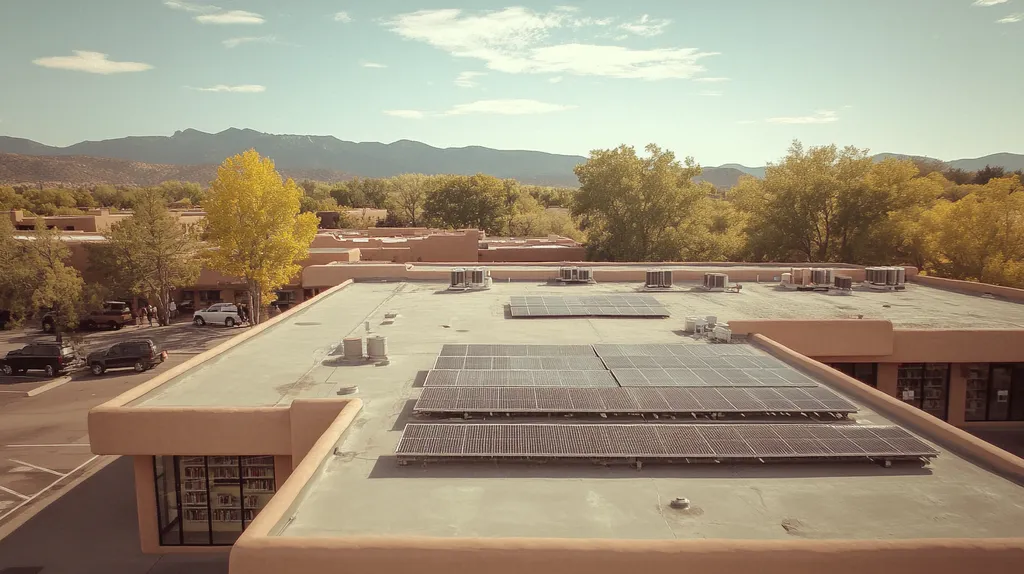A commercial roof on a public library in a location similar to Santa Fe with a Polaroid aesthetic (AI image)