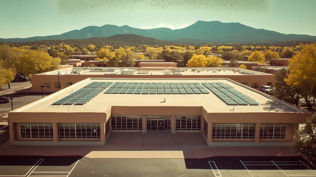 A commercial roof on a public library in a location similar to Santa Fe with a Polaroid aesthetic (AI image)