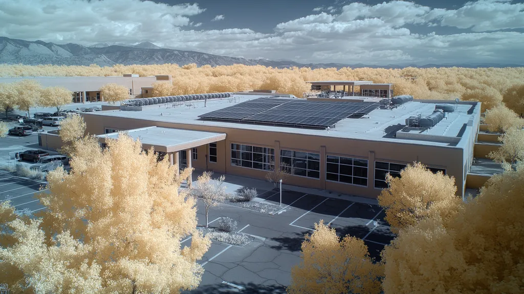 A commercial roof on a public library in a location similar to Santa Fe with an infrared photography aesthetic (AI image)