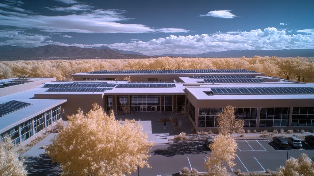 A commercial roof on a public library in a location similar to Santa Fe with an infrared photography aesthetic (AI image)