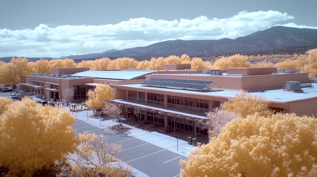 A commercial roof on a public library in a location similar to Santa Fe with an infrared photography aesthetic (AI image)